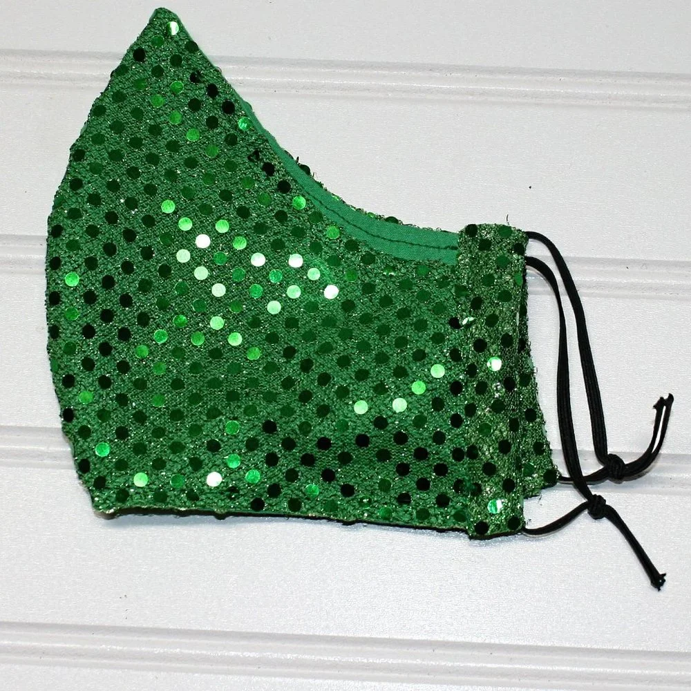 HAND CRAFTED Face Mask Green Confetti Dot Sequin - Adult - Shield Style